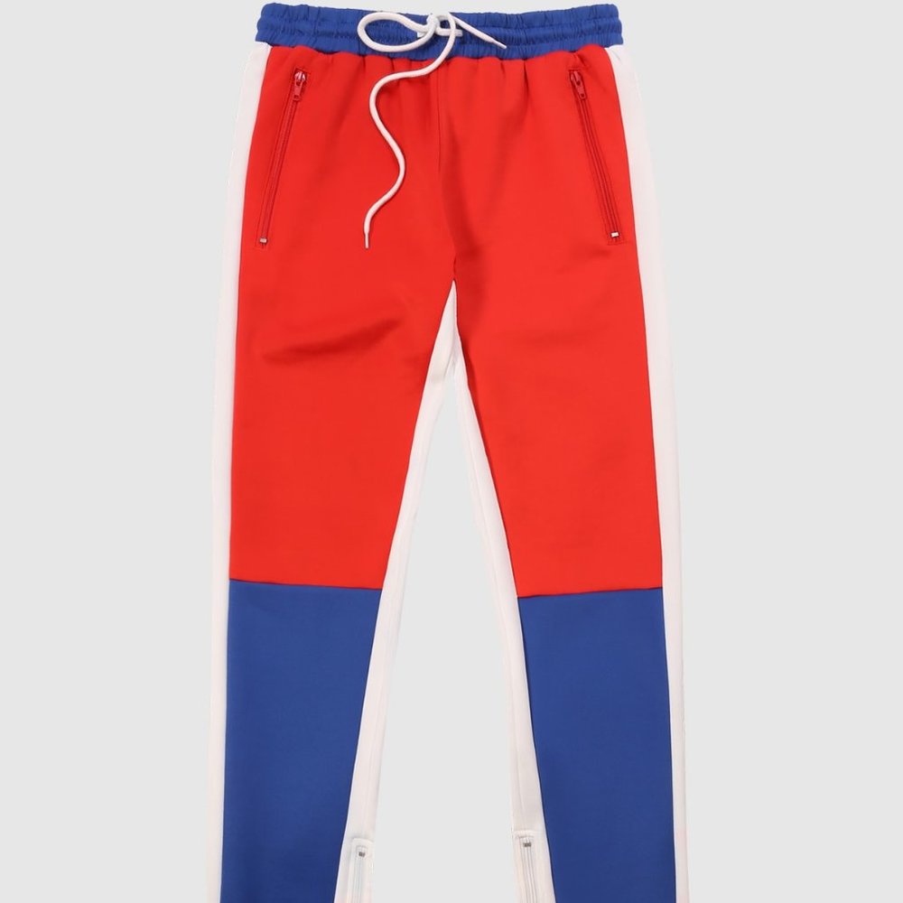 Men's Color Block 3-Tone Track Pants Blue Red White (J-29)